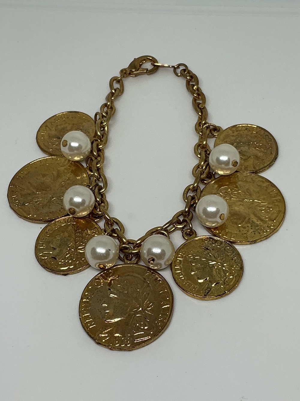 Gold Tone Coin & Faux Pearl Charm Bracelet